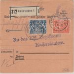 Bayern - 30+20 Pfg. Staatswappen Orts-(!)-Paketkarte Kaiserslautern 1917