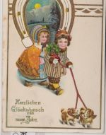 Glückwunsch - Neujahr Hufeisen Kinder Hunde Prägekarte gelaufen Grafing 1913