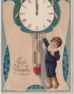 Glückwunsch - Neujahr Uhr Kind Jugendstil Prägekarte gelaufen Leimeritz 1911