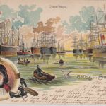 Bremen - Neuer Hafen Frachtschiffe Seemann Farblitho gelaufen 1901