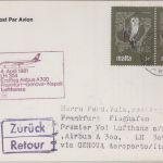 Malta - 2x3 C. Schleiereule Zuleitungspost LH-Erstflug FFM Neapel 1981