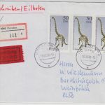 DDR/VGO - 3x50 Pfg. Saurier Skelett Eil-Einschreibebrief Dresden Weinböhla 1990