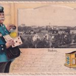 Bayern - Dachau Ortsansicht farb. Postboten-Präge-Passepartout-AK gelaufen 1903