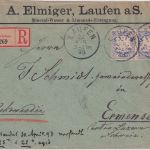 Bayern - 2x20 Pfg. Wappen Einschreibebrief i.d. SCHWEIZ Laufen - Ermensee 1893