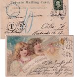 DR - Cöln (Rhein) Porto blauer K1 Weihnachtskarte aus USA 1902 Nachporto