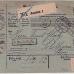 DR - 50+20+10 Pfg. Krone/Adler Paketkarte i.d. SCHWEIZ Aachen - Solothurn 1898