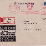 BRD - Köln 1953 60 Pfg. AFS Brügelmann Textilien Einschreibebrief n. Reutlingen