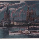 NRW - Köln Panorama b. Nacht Greetings from Cologne farb. Glitter-AK ca. 1920