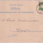 Bayern - 5 Pfg. Wappen Empfangsbestätigung f. Postanweisung Oppau 1906