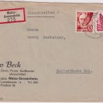 FZ/Rheinl.Pfalz - 60+24 Pfg. Freimarken Einschreibebrief Mainz-Gonsenheim 1947