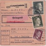 DR - 1 RM AH u.a. Dringend-Paketkarte Langenlonsheim - Bad Nauheim 1943