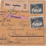 DR - 2x2 RM AH u.a. Dringend-Paketkarte Bensheim - Dessau 1943