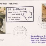 Gabun - 90 Fr. Tsetsefliege Lufthansa-Erstflug Etappe Libreville - Lagos 1985