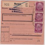 DR - 3x15 Pfg. Hindenburg Paketkarte Mannheim Fernsprechamt - Weissenburg 1942
