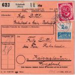 BRD - 80 Pfg Posthorn + 2 Pfg. Notopfer/Oberrand Paketkarte Erlenbach 1954