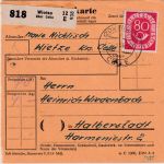 BRD - 80 Pfg Posthorn Paketkarte Poststelle I Wietze ü. Celle - Halberstadt 1954
