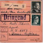 DR - 1 RM AH ua. Dringend-Paketkarte Lehrte - Dessau-Roßlau (Pionierschule) 1943