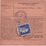 DR - 1 RM AH ua. Dringend-Paketkarte Lehrte - Dessau-Roßlau (Pionierschule) 1943