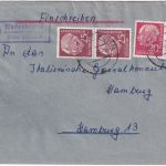 BRD - (20a) Wedesbüttel ü. Gifhorn Landpost-Ra2 Einschreibebrief n. Hamburg 1957