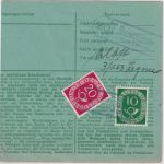 BRD - 20+10 Pfg Posthorn Aushändigungsgebühr Nachnahme-Paketkarte Hemer 1953
