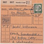 BRD - Hameln 2 alter Reichspost-Stpl. Paketkarte n. Frankenfeld 7.8.62