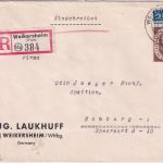BRD - 60 Pfg. Posthorn Einschreibebrief Weikersheim - Hamburg 1953
