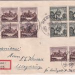 DR - 6 Pfg. WHW/Bauwerke 4er-Block/Eckrand m. FORMNUMMER Einschreibebrief 1940