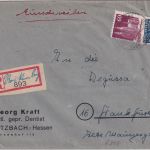 Bizone - Reckenbach ü. Butzbach Poststelle I Einschreibebrief n. Frankfurt 1949
