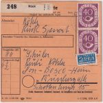 BRD - 2x40 Pfg. Posthorn Paketkarte Rück ü. Obernburg Poststelle I 1953
