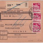 Bizone - 3x20+3x5 Pfg. Bauten Wertpaketkarte Fulda - Hünfeld 1948 Nachgebühr
