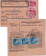 Bizone - 3x20+3x5 Pfg. Bauten Wertpaketkarte Fulda - Hünfeld 1948 Nachgebühr