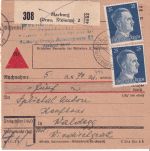 DR - 2x25 Pfg. AH Nachnahme-Paketkarte Marburg (Drau) - Waldegg 1945
