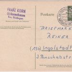 BRD - (16) Rommelhausen ü. Büdingen Poststelle I Ganzsache n. Ingolstadt 1962