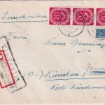 BRD - 3x20 Pfg. Posthorn Einschreibebrief Lindheim - München 1952 R-Zettel !!