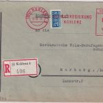 BRD - Koblenz 1952 60 Pfg. AFS "Bezirksregierung" Einschreibebrief n. Marburg