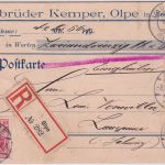 DR - 3x10 Pfg. Germania Nachnahme-Einschreibekarte i.d. SCHWEIZ Olpe 1908
