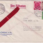 BRD - 60+20+10 Pfg. Posthorn/Heuss Eilbrief i.d. SCHWEIZ Kierspe Bahnhof 1954
