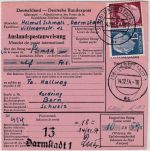 BRD - 25+15 Pfg. Heuss I Postanweisung i.d. SCHWEIZ Darmstadt - Bern 1954