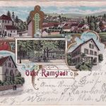 Hessen - Ober-Ramstadt Gasthaus Pfarrhaus etc. farb. Mehrbildlitho gelaufen 1900