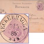 DR - Veckerhagen 1885 gr. K1 5 Pfg. Ganzsache n. Hannover