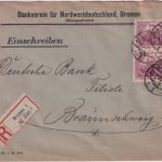 DR - 2x2,50 M. Nord/Süd Einschreibebrief Bremen - Braunschweig 1922