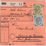 BRD - 90+50+5x4 Pfg. Posthorn Paketkarte Erlenbach - Leckwitz ü Pristerwitz 1954
