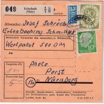 BRD - 90+10 Pfg. Posthorn/Heuss Wertpaketkarte Erlenbach - Nürnberg 1954