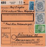 BRD - 2x50+10 Pfg. Posthorn/Heuss Paketkarte Erlenbach - München 1954