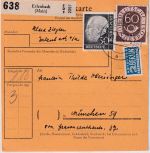 BRD - 60+50 Pfg. Posthorn/Heuss Paketkarte Erlenbach - München 1954