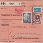 BRD - 60+50 Pfg. Posthorn/Heuss Paketkarte Erlenbach - Rodenkirchen/Köln 1954