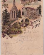 NRW - Detmold Hermannsdenkmal Gasthof etc. farb. Mehrbildlitho gelaufen 1899