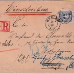 DR - 2x20 Pfg. Einschreibebrief (2.Gew.st.) preuss. K2 Mehlem - Metz 1887