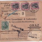 DR - 3x40+5 Pfg. Germania Paketkarte n. ÖSTERREICH Leipzig - Graz 1919