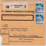Bizone - 2x30 Pfg. Bauten Paketkarte Wilhelmsglück - Alttann b. Wolfsegg 1948